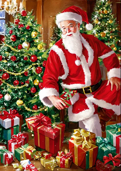 In a European-style house，Santa Claus is looking at the gift list，Gift decoration Christmas tree, santa,  The ground is full of Christmas gifts，very high resolution,  traditional art, Santa Claus Studio, 超高分辨率, illustration, Christmas evening, Extremely hi...