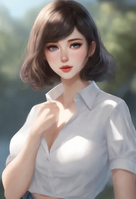 1girl in, short dark hair, blue eyes, In a plain white shirt, Denim shorts, 城市, Absurde, high resolusion, ultrasharp, 8K, ​masterpiece, View Viewer Easy Negative, Extra fingers, fewer fingers, (low-quality, bad quality:1.4), (Poor anatomy), (inaccurate lim...