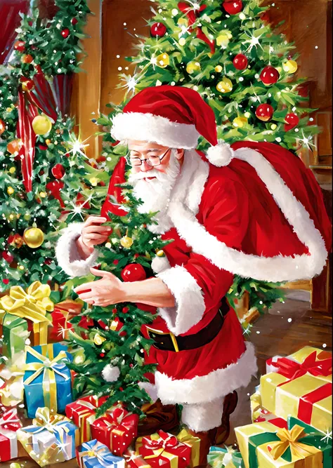 In a European-style house，Santa Claus is looking at the gift list，Gift decoration Christmas tree, santa,  The ground is full of Christmas gifts，very high resolution,  traditional art, Santa Claus Studio, 超高分辨率, illustration, Christmas evening, Extremely hi...