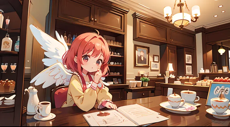 photoRealstic、Drawing of a girl with angel wings、Beautiful Angel Girl、Luxurious rooms in the coffee shop、Strawberry Shortcake and Coffee Set