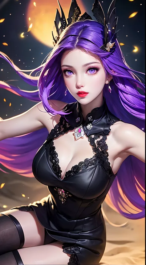 1 beautiful and sexy 20 year old girl, ((wearing a super purlpe dress:1.6)), ((a dress with diamonds:1.7)), ((long purple hair:1.6)), jewelry elaborately made from precious stones and beautiful hair, ((A thin red silk scarf covers half of the face:1.5)), (...