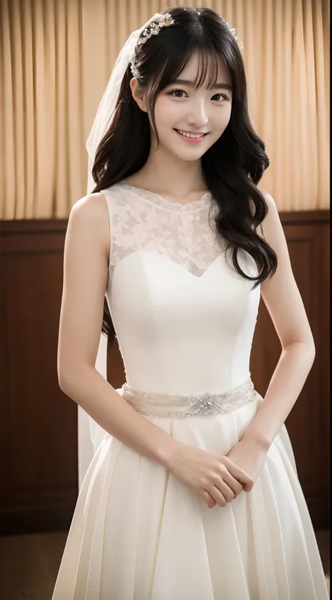 4K、top-quality、masutepiece、 soio、Japan Female, 18 years old、A dark-haired、Wavy Hair、((wedding dress))、wedding hall、Looking at the camera、Shy smile