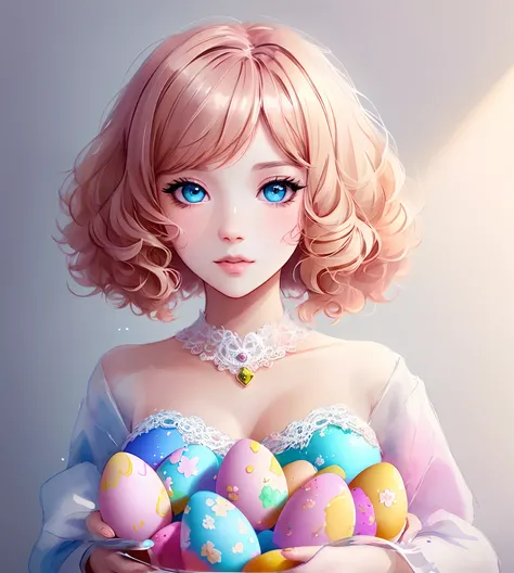 Beautiful animal poodle with dreamy eyes, volumetric lighting, hyper realistic, intricate details, illustration, drawing, watercolor, kawaii chibi, eating easter eggs, wow! , shallow depth of field, soft palette, soft light, minimalist, modern, digital pai...