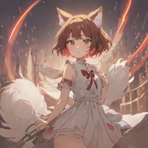 Kitsunj Girl Short Brown Hair, white fox ears, 6 white foxes with a red end, The left eye is white, Right Cherina, red dress