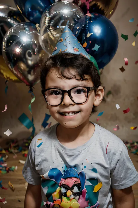 studio photograph style. a 3-year-old boy wearing glasses, with a birthday hat, surrounded by many balloons and confetti, parecendo muito feliz. celebrating a birthday.