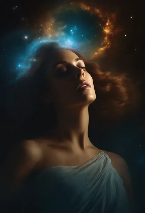 Create a realistic image of a woman performing an astral projection. Onde o espirito esta saindo do corpo fisico.