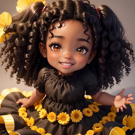 (black skin tone,black curly hair:1.1,dark brown eye:1.2),adorable baby,lovely,cheerful expression,bright smile,[curly hair] [dark brown eyes],[yellow dress with flowers],[holding a ladybug in hand],playful pose,silver background,8k,3D