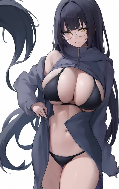 masterpiece,(bestquality),highlydetailed,ultra-detailed,{black hair} (long whitr hair)(Lateral hair)(Shawl hair)(hair straight)，(glasses),(Yellow eyes),fleshy feeling，fleshy legs,anime girl with big boos in a black bikini and a gray jacket, seductive anime...