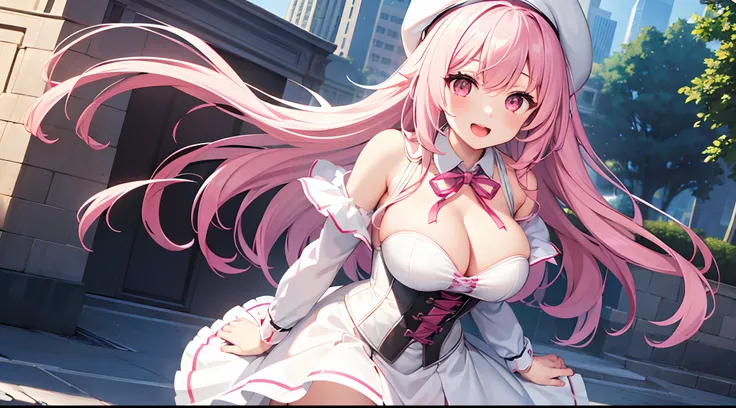 1 girl, game CG, white dress, cleavage visible, shoulders visible, corset, white short skirt, white jacket, neck ribbon, white beret, gigantic breasts, pink hair, long hair, straight hair, ahoge, pink eyes, park, smile , open mouth , dynamic ,