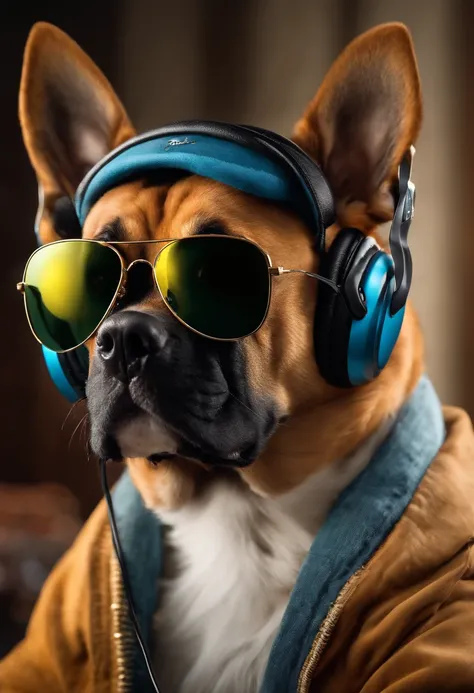 Realistic style, Master Parts, Best Quality, 8K, art  stations, foco nítido, Ultra-realistic, high détails, Cool dog wearing Ray-Ban sunglasses and headphones, Podcast with microphone, Podcaster