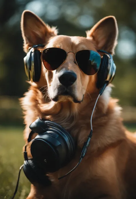 Realistic style, Master Parts, Best Quality, 8K, art  stations, foco nítido, Ultra-realistic, high détails, Cool dog wearing Ray-Ban sunglasses and headphones, Podcast with microphone, Podcaster