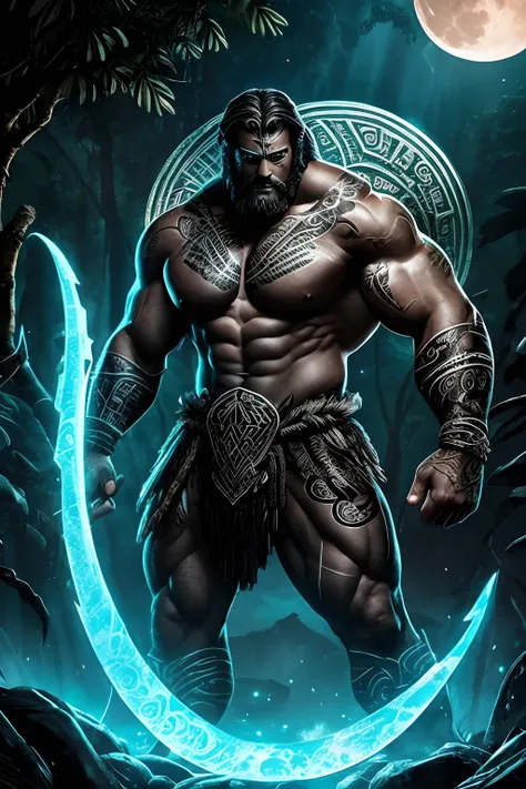 Hercules, a mighty warrior of ancient strength, emerges from the shadows of a primordial jungle, adorned in intricately etched tribal tattoos. His skin glistens with a faint bioluminescent glow, as if channeling the spirits of his ancestors. The moons ethe...