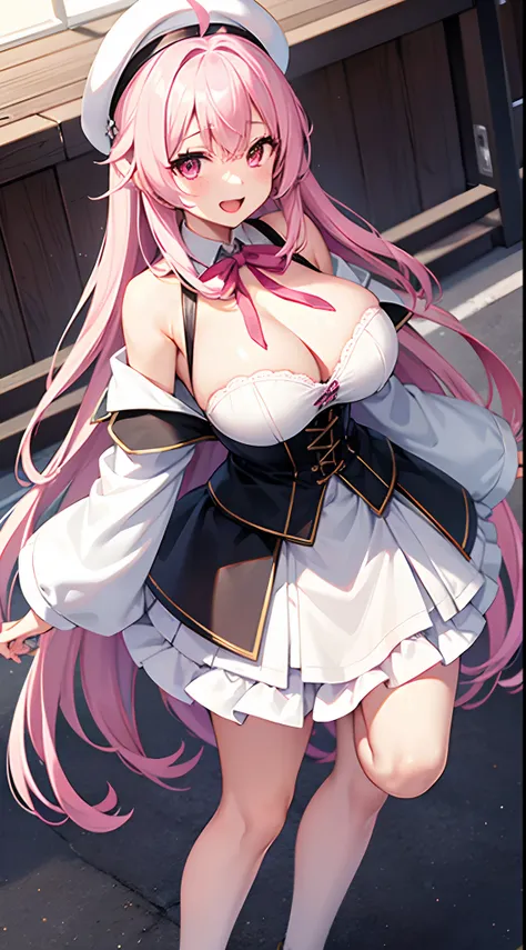 1 girl, game CG, white dress, cleavage visible, shoulders visible, corset, white short skirt, white jacket, neck ribbon, white beret, gigantic breasts, pink hair, long hair, straight hair, ahoge, pink eyes, park, smile , open mouth , dynamic ,