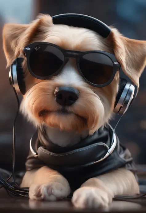 Realistic style, Master Parts, Best Quality, 8K, art  stations, foco nítido, Ultra-realistic, high détails, Cool puppy wearing Ray-Ban sunglasses and headphones, Podcasts with microphone, Podcaster