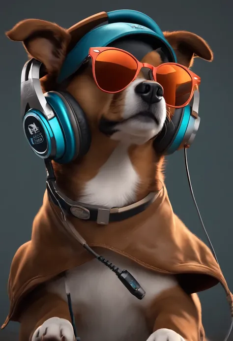 Realistic style, Master Parts, Best Quality, 8K, art  stations, foco nítido, Ultra-realistic, high détails, Cool puppy wearing Ray-Ban sunglasses and headphones, Podcasts with microphone, Podcaster