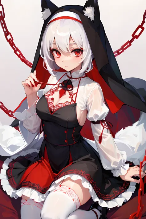 Fox Girl(short white hair,Red eyes),Black lace nun dress,White lace stockings,loli