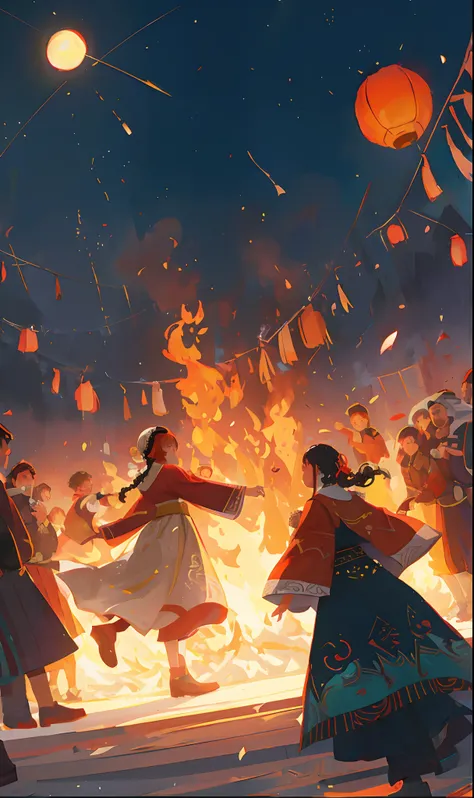 Chinese National Day，Fifty-six nationalities danced by the fire, A beautiful artwork illustration,  surrounded with fire, in the style of sachin teng,