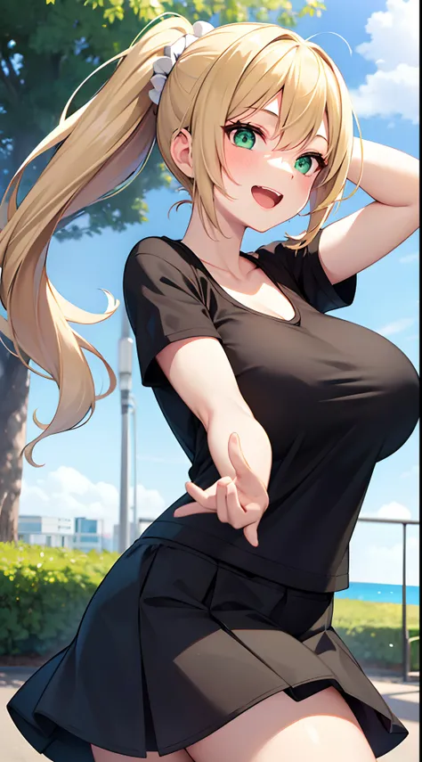 1 girl, game CG, plain black T-shirt, white short skirt, hair scrunchie, gigantic breasts, blonde, middle hair, side ponytail, green eyes, park, smile, open mouth, dynamic,