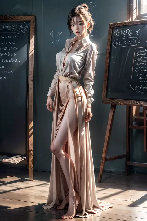 (((nude))) (((full body))) (((naked))) a sexy woman in a skirt and shirt posing in front of a chalkboard with a pencil in her ha...