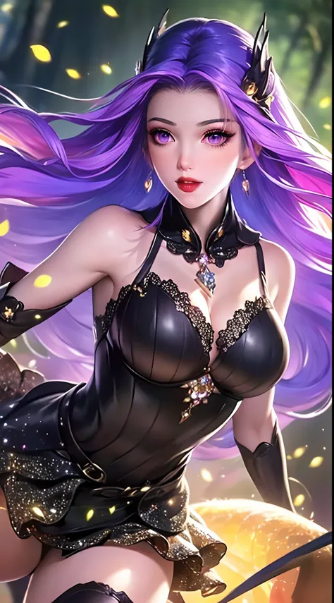 1 beautiful and sexy 20 year old girl, ((wearing a super purlpe dress:1.6)), ((a dress with diamonds:1.7)), ((long purple hair:1.6)), jewelry elaborately made from precious stones and beautiful hair, ((A thin red silk scarf covers half of the face:1.5)), (...