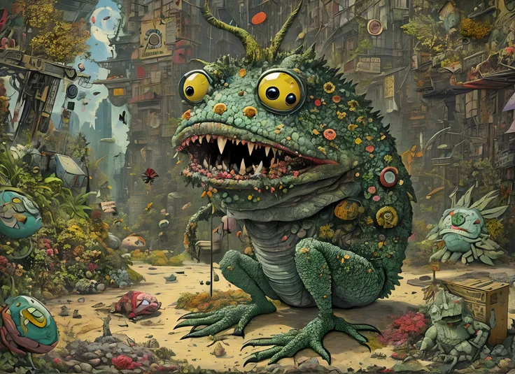 gonzobugs frog monster with a mouth full of food, deep sea fishing, vehicle, agate geode dandelion clowncore, war-torn post apocalyptic wonderland, fauvism , Caspar David Friedrich , Takashi Murakami , Diane Dillon , album cover art, perfect, smooth, pixiv...