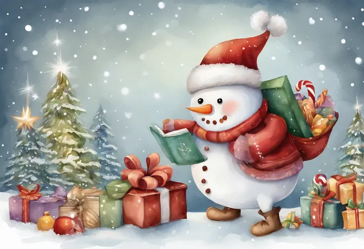 Christmas Eve，Cute vector snowman holding a book and a bag of candy, Pour the snowflakes into a bowl，Christmas elements，illustration, childrens book illustrations, inspired by Doug Ohlson, added detail, , sugar snow, delicacy, festivity, snowflower,Paintin...