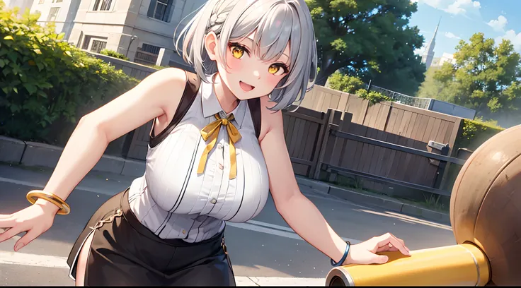 1 girl, game CG, brown sleeveless shirt, short slit skirt, neck ribbon, bangles, gigantic breasts, silver hair, short hair, french braid, yellow eyes, park, smile, open mouth, dynamic,