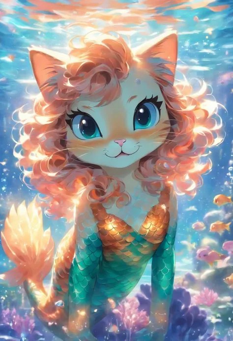 One cute cat，Swim in the sea in a mermaid costume