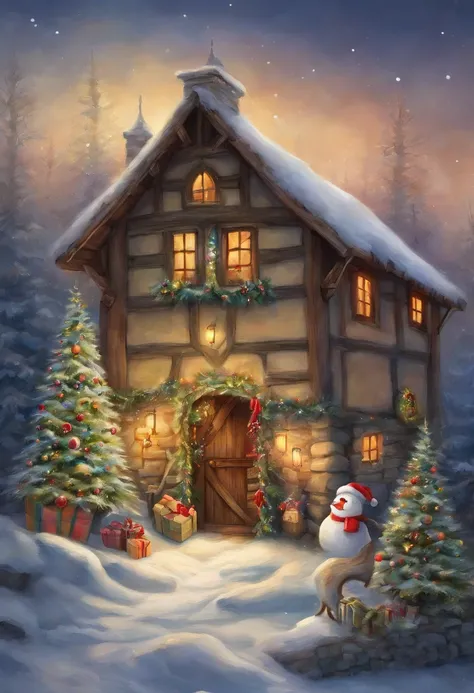 In a European style house，Santa Claus is looking at the gift list，Gift decoration Christmas tree, santa, elk，robin，Christmas elements，European style，The ground is full of Christmas presents，very high resolution, traditional art, Santa Claus Studio, 超高分辨率, ...