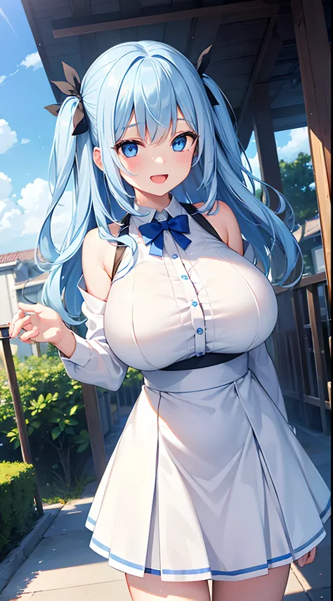 1 girl, game CG, white shirt, shoulders visible, short skirt, string hair ribbon, gigantic breasts, light blue hair, middle hair, two side up, blue eyes, park, smile, open mouth, dynamic,