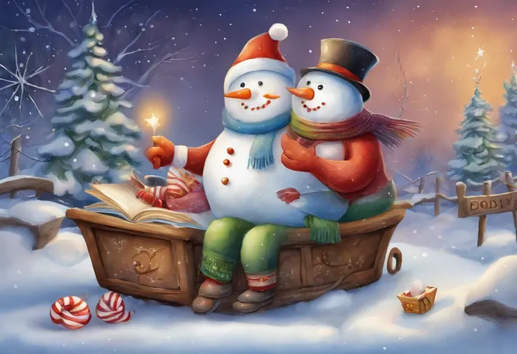 Christmas Eve，Cute vector snowman holding a book and a bag of candy, Pour the snowflakes into a bowl，The robin lands on the snowmans head，Christmas elements，illustration, childrens book illustrations, inspired by Doug Ohlson, added detail, , sugar snow, de...