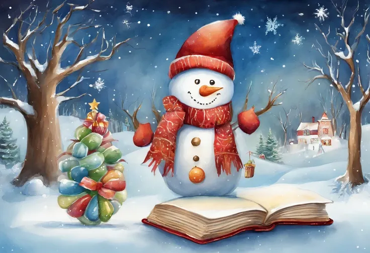 Christmas Eve，Cute vector snowman holding a book and a bag of candy, Pour the snowflakes into a bowl，The robin lands on the snowmans head，Christmas elements，illustration, childrens book illustrations, inspired by Doug Ohlson, added detail, , sugar snow, de...