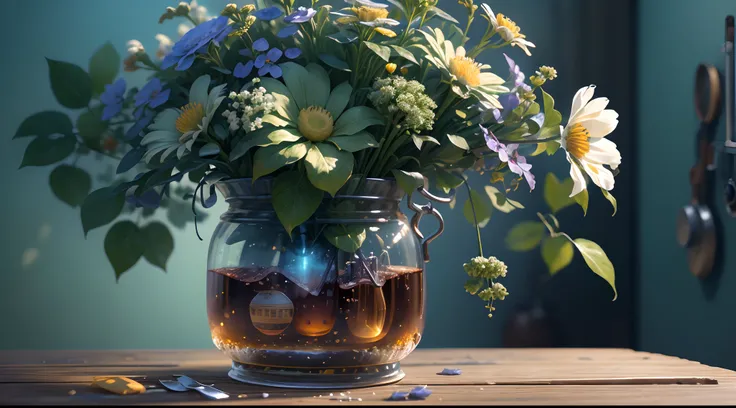 best qualtiy，tmasterpiece，超高分辨率，（photograph realistic：1.4），ultra-realistic realism，On the table， [(Dieselpunk AI:vases)Blue Higan flowers bloom]，Kitchen background