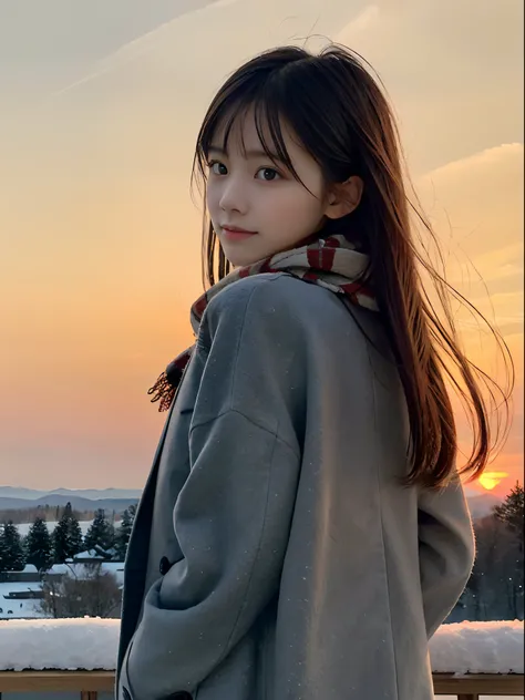 (Dressed in winter uniform with winter coat and scarf、Close up portrait of slender girl with long hair with dull bangs :1.5)、(The girl looks back with a sad face:1.5)、(Girls hair fluttering in the wind:1.5)、(Beautiful snowy sunset red sky:1.5)、(Perfect Ana...