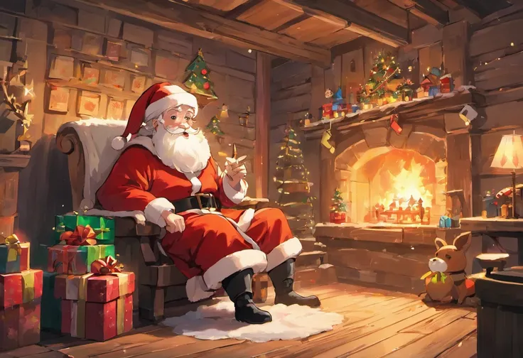 In a European style house，Santa Claus is looking at the gift list，Gift decoration Christmas tree, santa, elk，robin，Christmas elements，European style，The ground is full of Christmas presents，very high resolution, traditional art, Santa Claus Studio, 超高分辨率, ...