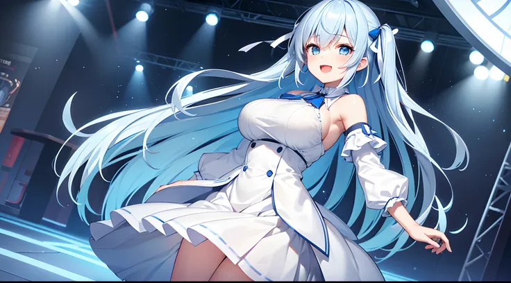 1 girl, game CG, white shirt, shoulders visible, short skirt, string hair ribbon, gigantic breasts, light blue hair, middle hair, two side up, blue eyes, park, smile, open mouth, dynamic,