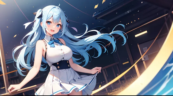 1 girl, game CG, white shirt, shoulders visible, short skirt, string hair ribbon, gigantic breasts, light blue hair, middle hair, two side up, blue eyes, park, smile, open mouth, dynamic,