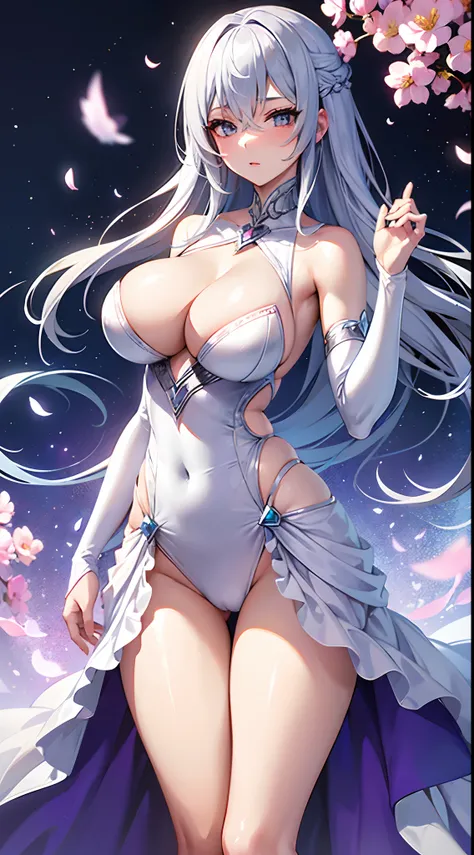 Describe a sexy anime girl with silver hair who possesses magical powers and is known for her determination and courage. She wears an elegant dress adorned with floral motifs and is often accompanied by a mysterious familiar.."