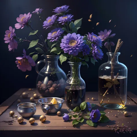 best qualtiy，tmasterpiece，超高分辨率，（photograph realistic：1.4），ultra-realistic realism，on the table， [blue higan flowers bloom in a ...