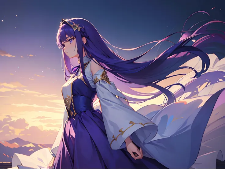 (extremely detailed, best quality), floating, an extremely delicate and beautiful dream-like scene,, , [(1girl),(long purple hair), detailed face, neck ribbon, elegant blue dress, standing on a cloud, (wide shot), (mysterious atmosphere):1.5],, , [(butterf...