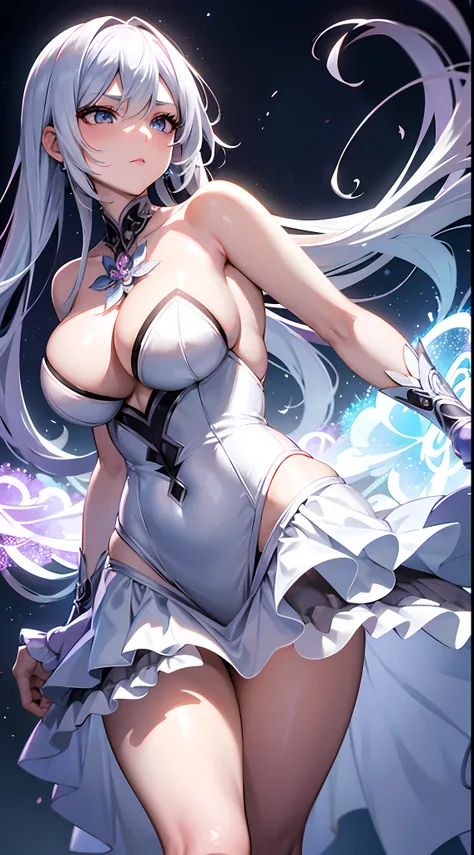 Describe a sexy silver-haired anime girl who possesses magical powers and is known for her determination and courage. She wears an elegant dress adorned with floral motifs and is often accompanied by a mysterious familiar.