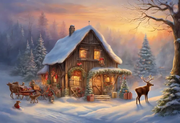 In a European style house，Santa Claus is looking at the gift list，Gift decoration Christmas tree, santa, elk，robin，Christmas elements，European style，The ground is full of Christmas presents，very high resolution, traditional art, Santa Claus Studio, 超高分辨率, ...