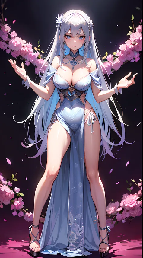 Describe a sexy anime girl with silver hair who possesses magical powers and is known for her determination and courage. She wears an elegant dress adorned with floral motifs and is often accompanied by a mysterious familiar.."