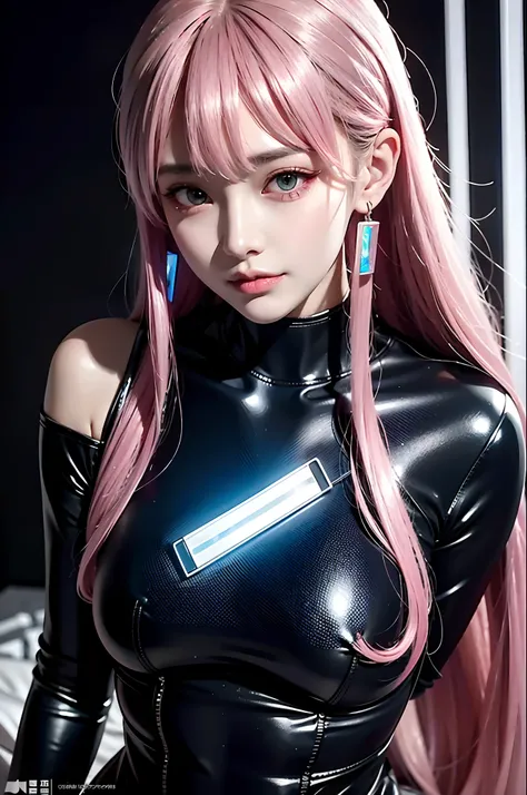 closeup, 1 girl, alone, [dark blue and pink hair: blue and pink hair:0.2], cyberpunk, high tech, V, mechanical parts, looking at audience, black eyes, long hair, luminous laser female super tech jumpsuit, cyberpunk mechanical body parts, with tattoos, inte...