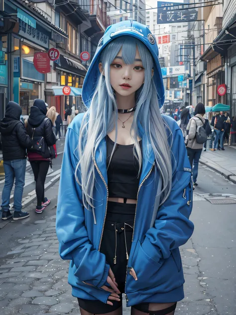 tmasterpiece，1girll，独奏，long whitr hair，blue hairs，hoody，cropped shoulders：1.2，mob cap，the street，hand on hips，hand on pockets，blackstockings