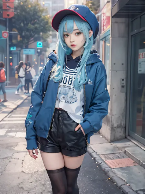 tmasterpiece，1girll，独奏，long whitr hair，blue hairs，hoody，cropped shoulders：1.2，mob cap，the street，hand on hips，hand on pockets，blackstockings