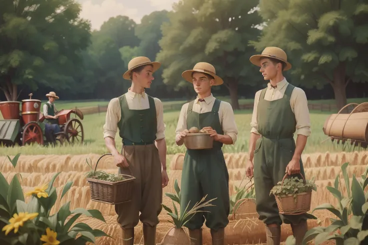 Year: 1932. Location: Lincoln, Minnesota. pre-raphaelite scene with three boys working hard in a garden, farming, hayfield, ((((1930s farmer clothes)))) ((1930s hairstyle)) ((in the style of "OMITB")) ((cinematic style))