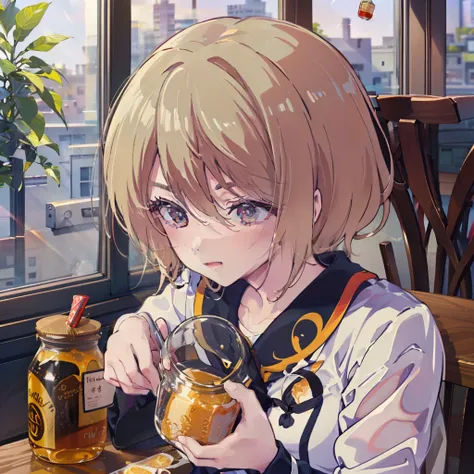 morning morning sun junko, so the picture depicts a girl squeezing a jar of honey in her hand, honey spreading over her hands an...