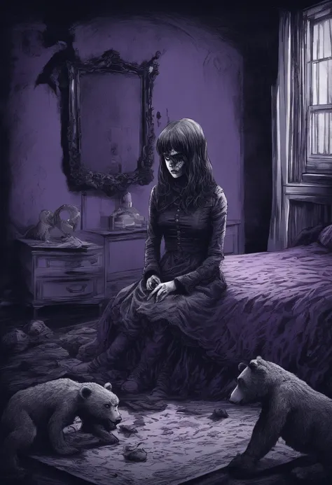 Une adolescente triste avec une tenue lolita, on knees, tenant un ours en peluche, in the middle of a dark purple room, shadow monsters around her, Shadow hands, traumatisme