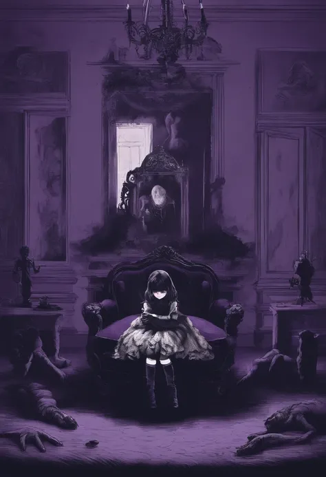 Une adolescente triste avec une tenue lolita, on knees, tenant un ours en peluche, in the middle of a dark purple room, shadow monsters around her, Shadow hands, traumatisme